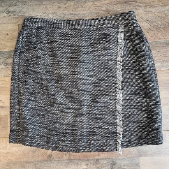 LOFT Heathered Black Asymmetrical Raw Hem Wrap Mini Skirt 10 - Picture 3 of 12